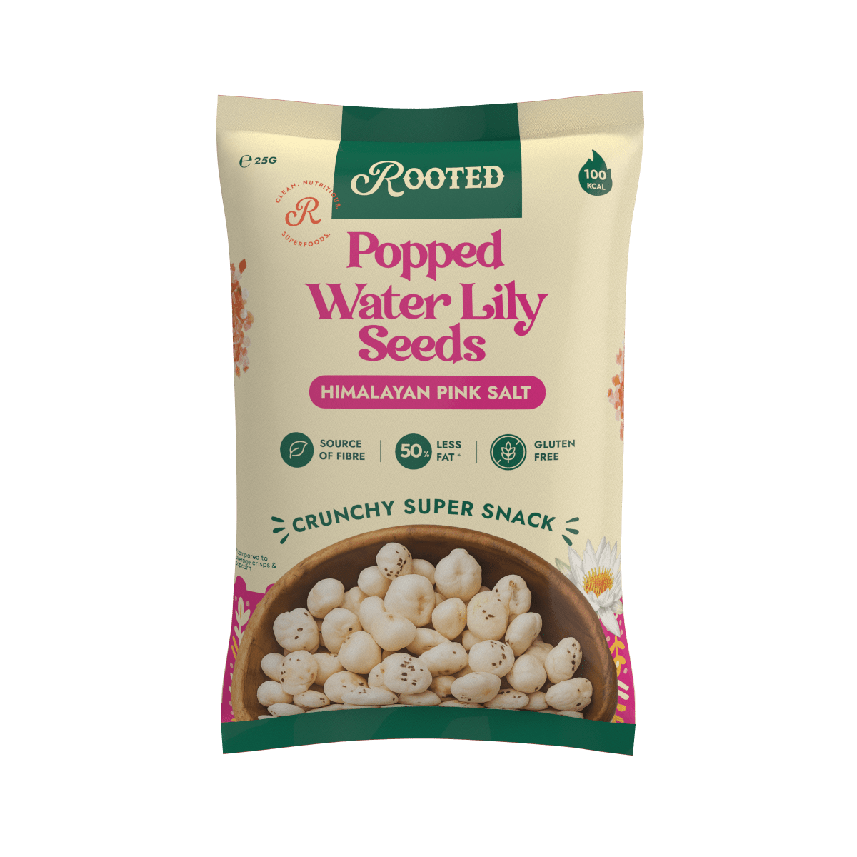 Rooted Himalayan Pink Salt Popped Water Lily Seeds snack bag, front